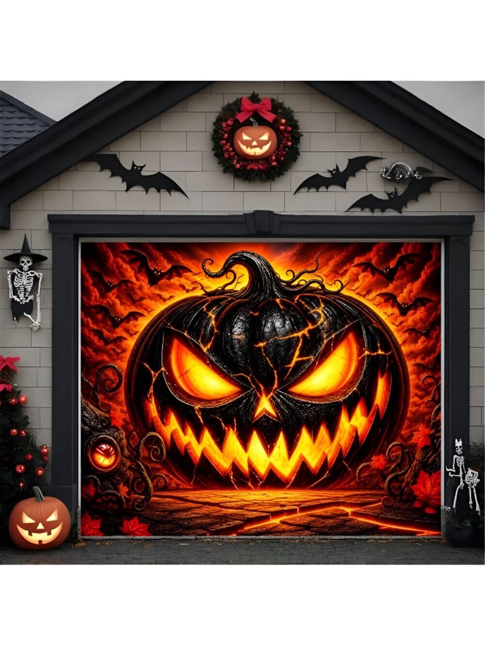 Halloween Pumpkin Garage Door Cover Decorations 8x7 Ft, Scary Evil Giant